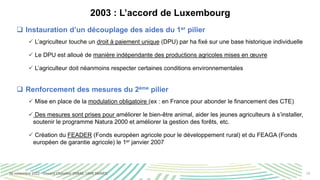 15
2003 : L’accord de Luxembourg
❑ Instauration d’un découplage des aides du 1er pilier
✓ L’agriculteur touche un droit à ...