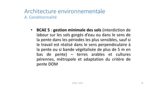 Architecture environnementale
A. Conditionnalité
• BCAE 5 : gestion minimale des sols (interdiction de
labour sur les sols...