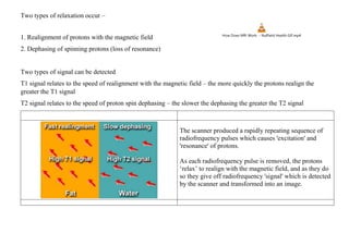 Two types of relaxation occur –
1. Realignment of protons with the magnetic field How Does MRI Work- - Nuffield Health GIF.mp4
2. Dephasing of spinning protons (loss of resonance)
Two types of signal can be detected
T1 signal relates to the speed of realignment with the magnetic field – the more quickly the protons realign the
greater the T1 signal
T2 signal relates to the speed of proton spin dephasing – the slower the dephasing the greater the T2 signal
The scanner produced a rapidly repeating sequence of
radiofrequency pulses which causes 'excitation' and
'resonance' of protons.
As each radiofrequency pulse is removed, the protons
‘relax’ to realign with the magnetic field, and as they do
so they give off radiofrequency 'signal' which is detected
by the scanner and transformed into an image.
 