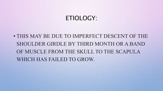ETIOLOGY:
• THIS MAY BE DUE TO IMPERFECT DESCENT OF THE
SHOULDER GIRDLE BY THIRD MONTH OR A BAND
OF MUSCLE FROM THE SKULL ...