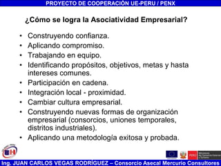 Ing. JUAN CARLOS VEGAS RODRÍGUEZ – Consorcio Asecal Mercurio Consultores
¿Cómo se logra la Asociatividad Empresarial?
• Construyendo confianza.
• Aplicando compromiso.
• Trabajando en equipo.
• Identificando propósitos, objetivos, metas y hasta
intereses comunes.
• Participación en cadena.
• Integración local - proximidad.
• Cambiar cultura empresarial.
• Construyendo nuevas formas de organización
empresarial (consorcios, uniones temporales,
distritos industriales).
• Aplicando una metodología exitosa y probada.
PROYECTO DE COOPERACIÓN UE-PERU / PENX
 