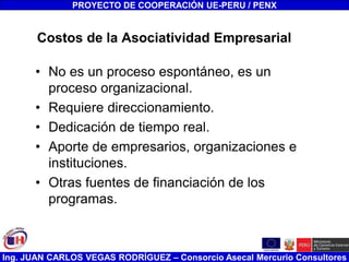Ing. JUAN CARLOS VEGAS RODRÍGUEZ – Consorcio Asecal Mercurio Consultores
Costos de la Asociatividad Empresarial
• No es un proceso espontáneo, es un
proceso organizacional.
• Requiere direccionamiento.
• Dedicación de tiempo real.
• Aporte de empresarios, organizaciones e
instituciones.
• Otras fuentes de financiación de los
programas.
PROYECTO DE COOPERACIÓN UE-PERU / PENX
 