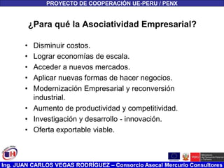 Ing. JUAN CARLOS VEGAS RODRÍGUEZ – Consorcio Asecal Mercurio Consultores
¿Para qué la Asociatividad Empresarial?
• Disminuir costos.
• Lograr economías de escala.
• Acceder a nuevos mercados.
• Aplicar nuevas formas de hacer negocios.
• Modernización Empresarial y reconversión
industrial.
• Aumento de productividad y competitividad.
• Investigación y desarrollo - innovación.
• Oferta exportable viable.
PROYECTO DE COOPERACIÓN UE-PERU / PENX
 