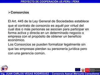 Ing. JUAN CARLOS VEGAS RODRÍGUEZ – Consorcio Asecal Mercurio Consultores
Consorcios
El Art. 445 de la Ley General de Sociedades establece
que el contrato de consorcio es aquél por virtud del
cual dos o más personas se asocian para participar en
forma activa y directa en un determinado negocio o
empresa con el propósito de obtener un beneficio
económico.
Los Consorcios se pueden formalizar legalmente sin
que las empresas pierdan su personería jurídica pero
con una gerencia común.
PROYECTO DE COOPERACIÓN UE-PERU / PENX
 