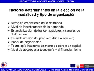 Ing. JUAN CARLOS VEGAS RODRÍGUEZ – Consorcio Asecal Mercurio Consultores
Factores determinantes en la elección de la
modalidad y tipo de organización
 Ritmo de crecimiento de la demanda
 Nivel de incertidumbre de la demanda
 Estandarización de los compradores y canales de
distribución
 Estandarización del producto (bien o servicio)
 Poder de negociación
 Tecnología intensiva en mano de obra o en capital
 Nivel de acceso a la tecnología y al financiamiento
PROYECTO DE COOPERACIÓN UE-PERU / PENX
 