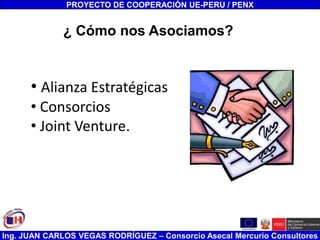 Ing. JUAN CARLOS VEGAS RODRÍGUEZ – Consorcio Asecal Mercurio Consultores
• Alianza Estratégicas
• Consorcios
• Joint Venture.
PROYECTO DE COOPERACIÓN UE-PERU / PENX
¿ Cómo nos Asociamos?
 