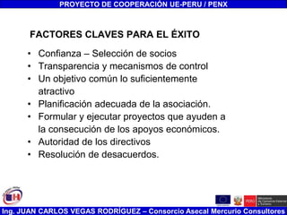Ing. JUAN CARLOS VEGAS RODRÍGUEZ – Consorcio Asecal Mercurio Consultores
FACTORES CLAVES PARA EL ÉXITO
• Confianza – Selección de socios
• Transparencia y mecanismos de control
• Un objetivo común lo suficientemente
atractivo
• Planificación adecuada de la asociación.
• Formular y ejecutar proyectos que ayuden a
la consecución de los apoyos económicos.
• Autoridad de los directivos
• Resolución de desacuerdos.
PROYECTO DE COOPERACIÓN UE-PERU / PENX
 