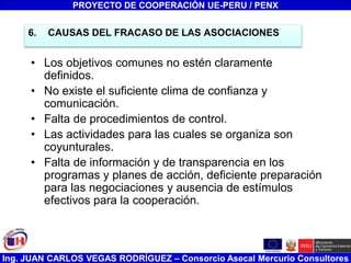 Ing. JUAN CARLOS VEGAS RODRÍGUEZ – Consorcio Asecal Mercurio Consultores
6. CAUSAS DEL FRACASO DE LAS ASOCIACIONES
• Los objetivos comunes no estén claramente
definidos.
• No existe el suficiente clima de confianza y
comunicación.
• Falta de procedimientos de control.
• Las actividades para las cuales se organiza son
coyunturales.
• Falta de información y de transparencia en los
programas y planes de acción, deficiente preparación
para las negociaciones y ausencia de estímulos
efectivos para la cooperación.
PROYECTO DE COOPERACIÓN UE-PERU / PENX
 