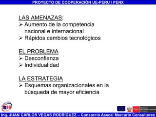 Ing. JUAN CARLOS VEGAS RODRÍGUEZ – Consorcio Asecal Mercurio Consultores
LAS AMENAZAS:
 Aumento de la competencia
nacional e internacional
 Rápidos cambios tecnológicos
EL PROBLEMA
 Desconfianza
 Individualidad
LA ESTRATEGIA
 Esquemas organizacionales en la
búsqueda de mayor eficiencia
PROYECTO DE COOPERACIÓN UE-PERU / PENX
 