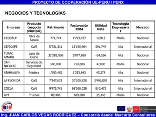 Ing. JUAN CARLOS VEGAS RODRÍGUEZ – Consorcio Asecal Mercurio Consultores
PROYECTO DE COOPERACIÓN UE-PERU / PENX
Empresa
Producto
(negocio
principal)
Patrimonio
Facturación
2004
Utilidad
Neta
Tecnología
Empresaria
l
Mercado
CECOALP
Fibra de
Alpaca
771,774 1’793,457 17,813 Media Nacional
CEPICAFE Café 5’731,311 13’190,404 291,749 Alta Internacional
TUPAC
AMARU
Lana de
Ovino
32’283,006 5’077,960 -34,266 Alta Nacional
SAN
NICOLAS
Servicios de
Seguridad
500,000 250,000 47,000 Media Nacional
ATAHUALPA Madera 1’903,482 1’233,642 43,278 Alta Nacional
LA FLORIDA Café 7’147,633 30’100,828 2’496,099 Alta Internacional
COCLA Café 9’475,741 68’360,030 810,473 Alta Internacional
APT Truchas 89,486 689,088 35,346 Media Nacional
NEGOCIOS Y TECNOLOGÍAS
 