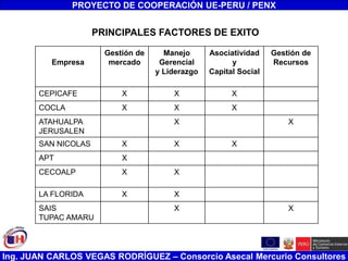 Ing. JUAN CARLOS VEGAS RODRÍGUEZ – Consorcio Asecal Mercurio Consultores
PROYECTO DE COOPERACIÓN UE-PERU / PENX
Empresa
Gestión de
mercado
Manejo
Gerencial
y Liderazgo
Asociatividad
y
Capital Social
Gestión de
Recursos
CEPICAFE X X X
COCLA X X X
ATAHUALPA
JERUSALEN
X X
SAN NICOLAS X X X
APT X
CECOALP X X
LA FLORIDA X X
SAIS
TUPAC AMARU
X X
PRINCIPALES FACTORES DE EXITO
 