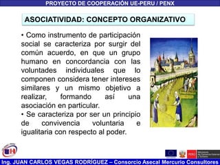 Ing. JUAN CARLOS VEGAS RODRÍGUEZ – Consorcio Asecal Mercurio Consultores
PROYECTO DE COOPERACIÓN UE-PERU / PENX
• Como instrumento de participación
social se caracteriza por surgir del
común acuerdo, en que un grupo
humano en concordancia con las
voluntades individuales que lo
componen considera tener intereses
similares y un mismo objetivo a
realizar, formando así una
asociación en particular.
• Se caracteriza por ser un principio
de convivencia voluntaria e
igualitaria con respecto al poder.
ASOCIATIVIDAD: CONCEPTO ORGANIZATIVO
 