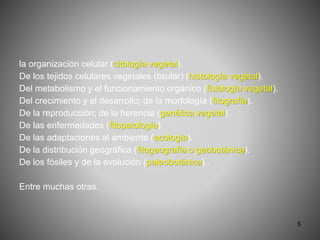 5
la organización celular (citología vegetal).
De los tejidos celulares vegetales (tisular) (histología vegetal).
Del meta...