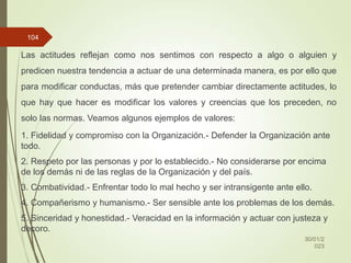 Las actitudes reflejan como nos sentimos con respecto a algo o alguien y
predicen nuestra tendencia a actuar de una determinada manera, es por ello que
para modificar conductas, más que pretender cambiar directamente actitudes, lo
que hay que hacer es modificar los valores y creencias que los preceden, no
solo las normas. Veamos algunos ejemplos de valores:
1. Fidelidad y compromiso con la Organización.- Defender la Organización ante
todo.
2. Respeto por las personas y por lo establecido.- No considerarse por encima
de los demás ni de las reglas de la Organización y del país.
3. Combatividad.- Enfrentar todo lo mal hecho y ser intransigente ante ello.
4. Compañerismo y humanismo.- Ser sensible ante los problemas de los demás.
5. Sinceridad y honestidad.- Veracidad en la información y actuar con justeza y
decoro.
30/01/2
023
104
 
