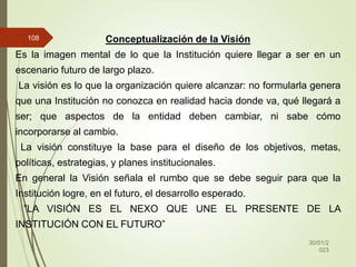 30/01/2
023
108 Conceptualización de la Visión
Es la imagen mental de lo que la Institución quiere llegar a ser en un
escenario futuro de largo plazo.
La visión es lo que la organización quiere alcanzar: no formularla genera
que una Institución no conozca en realidad hacia donde va, qué llegará a
ser; que aspectos de la entidad deben cambiar, ni sabe cómo
incorporarse al cambio.
La visión constituye la base para el diseño de los objetivos, metas,
políticas, estrategias, y planes institucionales.
En general la Visión señala el rumbo que se debe seguir para que la
Institución logre, en el futuro, el desarrollo esperado.
”LA VISIÓN ES EL NEXO QUE UNE EL PRESENTE DE LA
INSTITUCIÓN CON EL FUTURO”
 