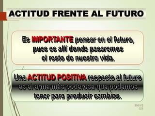 ACTITUD FRENTE AL FUTURO
Es IMPORTANTE pensar en el futuro,
pues es allí donde pasaremos
el resto de nuestra vida.
Una ACTITUD POSITIVA respecto al futuro
es el arma más poderosa que podemos
tener para producir cambios.
30/01/2
023
115
 
