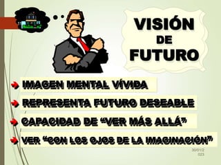  REPRESENTA FUTURO DESEABLE
 IMAGEN MENTAL VÍVIDA
 CAPACIDAD DE “VER MÁS ALLÁ”
 VER “CON LOS OJOS DE LA IMAGINACIÓN”
VISIÓN
DE
FUTURO
30/01/2
023
116
 