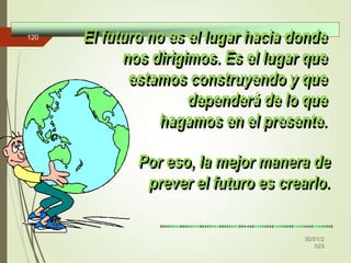 El futuro no es el lugar hacia donde
nos dirigimos. Es el lugar que
estamos construyendo y que
dependerá de lo que
hagamos en el presente.
Por eso, la mejor manera de
prever el futuro es crearlo.
30/01/2
023
120
 
