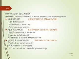 FORMULACIÓN DE LA MISIÓN
De manera resumida se redacta la misión teniendo en cuenta lo siguiente:
 ¿QUÉ SOMOS? CONCEPTO DE LA ORGANIZACIÓN
Tipo de Institución
Identidad de la Institución
Reconocimiento político
 ¿QUE BUSCAMOS? NATURALEZA DE SUS ACTIVIDADES
Objetivo general de la Institución
Propósito de la Institución
Cambios de la realidad de la Institución
 ¿POR QUÉ LO HACEMOS? RAZON DE SU EXISTENCIA
Razón de ser de la Institución
Naturaleza de la actividades
Función de carácter Regional a que contribuye
30/01/2
023
125
 