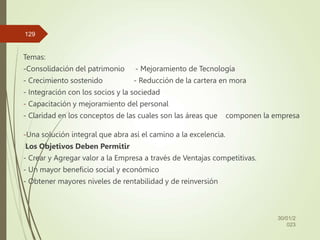 Temas:
-Consolidación del patrimonio - Mejoramiento de Tecnología
- Crecimiento sostenido - Reducción de la cartera en mora
- Integración con los socios y la sociedad
- Capacitación y mejoramiento del personal
- Claridad en los conceptos de las cuales son las áreas que componen la empresa
-Una solución integral que abra así el camino a la excelencia.
Los Objetivos Deben Permitir
- Crear y Agregar valor a la Empresa a través de Ventajas competitivas.
- Un mayor beneficio social y económico
- Obtener mayores niveles de rentabilidad y de reinversión
30/01/2
023
129
 