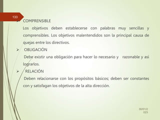  COMPRENSIBLE
Los objetivos deben establecerse con palabras muy sencillas y
comprensibles. Los objetivos malentendidos son la principal causa de
quejas entre los directivos.
 OBLIGACIÓN
Debe existir una obligación para hacer lo necesario y razonable y así
lograrlos.
 RELACIÓN
Deben relacionarse con los propósitos básicos; deben ser constantes
con y satisfagan los objetivos de la alta dirección.
30/01/2
023
133
 
