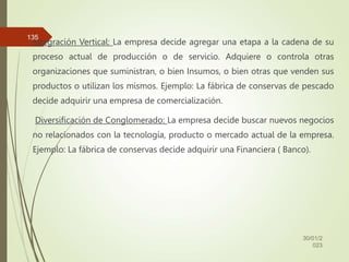 Integración Vertical: La empresa decide agregar una etapa a la cadena de su
proceso actual de producción o de servicio. Adquiere o controla otras
organizaciones que suministran, o bien Insumos, o bien otras que venden sus
productos o utilizan los mismos. Ejemplo: La fábrica de conservas de pescado
decide adquirir una empresa de comercialización.
Diversificación de Conglomerado: La empresa decide buscar nuevos negocios
no relacionados con la tecnología, producto o mercado actual de la empresa.
Ejemplo: La fábrica de conservas decide adquirir una Financiera ( Banco).
30/01/2
023
135
 