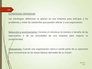 ESTRATEGIAS DEFENSIVAS
Las estrategias defensivas se aplican en una empresa para anticipar a los
problemas y evitar las catástrofes que pueden afectar a una organización.
Reducción o ennichamiento: Consiste en disminuir el número o tamaño de las
operaciones o de las actividades de una empresa para mejorar su
productividad.
Desinversión: Cuando una organización cierra o vende parte de su operación
para concentrarse en las tareas básicas derivadas de su misión.
30/01/2
023
138
 