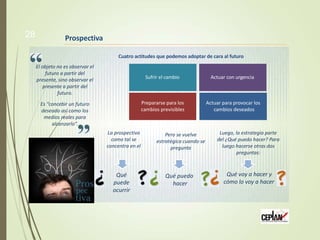Prospectiva
Cuatro actitudes que podemos adoptar de cara al futuro
El objeto no es observar el
futuro a partir del
presente, sino observar el
presente a partir del
futuro.
Es “concebir un futuro
deseado así como los
medios reales para
alcanzarlo”.
Sufrir el cambio Actuar con urgencia
Prepararse para los
cambios previsibles
Actuar para provocar los
cambios deseados
La prospectiva
como tal se
concentra en el
Pero se vuelve
estratégica cuando se
pregunta
Luego, la estrategia parte
del ¿Qué puedo hacer? Para
luego hacerse otras dos
preguntas:
Qué
puede
ocurrir
Qué puedo
hacer
Qué voy a hacer y
cómo lo voy a hacer
28
 