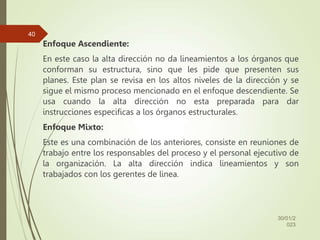 Enfoque Ascendiente:
En este caso la alta dirección no da lineamientos a los órganos que
conforman su estructura, sino que les pide que presenten sus
planes. Este plan se revisa en los altos niveles de la dirección y se
sigue el mismo proceso mencionado en el enfoque descendiente. Se
usa cuando la alta dirección no esta preparada para dar
instrucciones especificas a los órganos estructurales.
Enfoque Mixto:
Este es una combinación de los anteriores, consiste en reuniones de
trabajo entre los responsables del proceso y el personal ejecutivo de
la organización. La alta dirección indica lineamientos y son
trabajados con los gerentes de linea.
30/01/2
023
40
 