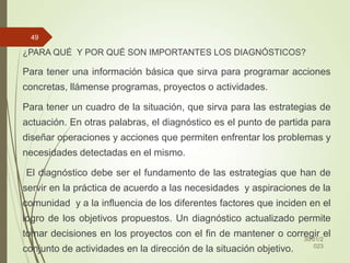 ¿PARA QUÉ Y POR QUÉ SON IMPORTANTES LOS DIAGNÓSTICOS?
Para tener una información básica que sirva para programar acciones
concretas, llámense programas, proyectos o actividades.
Para tener un cuadro de la situación, que sirva para las estrategias de
actuación. En otras palabras, el diagnóstico es el punto de partida para
diseñar operaciones y acciones que permiten enfrentar los problemas y
necesidades detectadas en el mismo.
El diagnóstico debe ser el fundamento de las estrategias que han de
servir en la práctica de acuerdo a las necesidades y aspiraciones de la
comunidad y a la influencia de los diferentes factores que inciden en el
logro de los objetivos propuestos. Un diagnóstico actualizado permite
tomar decisiones en los proyectos con el fin de mantener o corregir el
conjunto de actividades en la dirección de la situación objetivo.
30/01/2
023
49
 