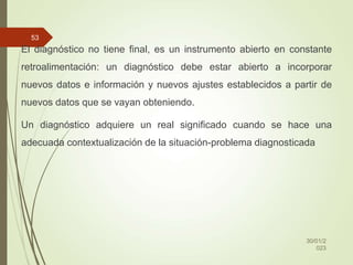 El diagnóstico no tiene final, es un instrumento abierto en constante
retroalimentación: un diagnóstico debe estar abierto a incorporar
nuevos datos e información y nuevos ajustes establecidos a partir de
nuevos datos que se vayan obteniendo.
Un diagnóstico adquiere un real significado cuando se hace una
adecuada contextualización de la situación-problema diagnosticada
30/01/2
023
53
 