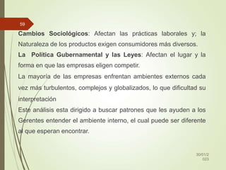 Cambios Sociológicos: Afectan las prácticas laborales y; la
Naturaleza de los productos exigen consumidores más diversos.
La Política Gubernamental y las Leyes: Afectan el lugar y la
forma en que las empresas eligen competir.
La mayoría de las empresas enfrentan ambientes externos cada
vez más turbulentos, complejos y globalizados, lo que dificultad su
interpretación
Este análisis esta dirigido a buscar patrones que les ayuden a los
Gerentes entender el ambiente interno, el cual puede ser diferente
al que esperan encontrar.
30/01/2
023
59
 