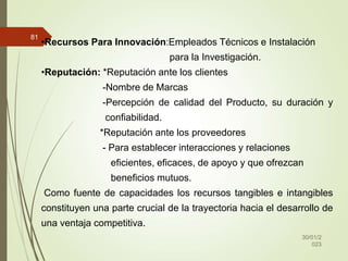 30/01/2
023
81
•Recursos Para Innovación:Empleados Técnicos e Instalación
para la Investigación.
•Reputación: *Reputación ante los clientes
-Nombre de Marcas
-Percepción de calidad del Producto, su duración y
confiabilidad.
*Reputación ante los proveedores
- Para establecer interacciones y relaciones
eficientes, eficaces, de apoyo y que ofrezcan
beneficios mutuos.
Como fuente de capacidades los recursos tangibles e intangibles
constituyen una parte crucial de la trayectoria hacia el desarrollo de
una ventaja competitiva.
 