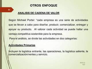 30/01/2
023
85
OTROS ENFOQUE
ANALISIS DE CADENA DE VALOR
Según Michael Porter: “cada empresa es una serie de actividades
que se llevan a cabo para diseñar, producir, comercializar, entregar y
apoyar su producto. Al valorar cada actividad se puede hallar una
ventaja competitiva sostenible para la empresa.
Para el análisis, se divide las actividades en dos categorías:
Actividades Primarias
Incluyen la logística entrante, las operaciones, la logística saliente, la
comercialización/ventes y servicio.
 