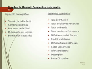 El ambiente General: Segmentos y elementos
Segmento demográfico:
 Tamaño de la Población
 Combinación Etnica
 Estructur...