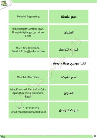 47
Pellacini Engineering ‫الشركة‬ ‫اسم‬
Industrial park, Anfeng town,
Dongtai cityJiangsu, province,
China
‫العنوان‬
TEL: +39 3355758357
Email: info.eng@pellacini.com
‫التواصل‬ ‫قنوات‬
Manolidis Machinery ‫الشركة‬ ‫اسم‬
izbat Khorshed, Alexandria-Cairo
Agriculture Road, Alexandria,
Egypt
‫العنوان‬
TEL: 01122333203
Email: manolidis@manolidis.net
‫التواصل‬ ‫قنوات‬
Aseptic Bags ‫موردي‬ :‫ًا‬‫ي‬‫ثان‬
 