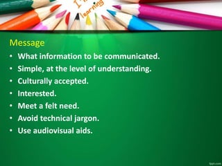 Message
• What information to be communicated.
• Simple, at the level of understanding.
• Culturally accepted.
• Intereste...