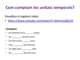 Com comptam les unitats temporals?
Visualitza el següent vídeo:
• https://www.youtube.com/watch?v=kXvimwd0uC0
5
Completa:
...