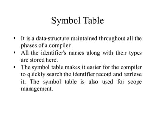 Symbol Table
 It is a data-structure maintained throughout all the
phases of a compiler.
 All the identifier's names alo...