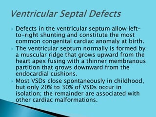  Defects in the ventricular septum allow left-
to-right shunting and constitute the most
common congenital cardiac anomaly at birth.
 The ventricular septum normally is formed by
a muscular ridge that grows upward from the
heart apex fusing with a thinner membranous
partition that grows downward from the
endocardial cushions.
 Most VSDs close spontaneously in childhood,
but only 20% to 30% of VSDs occur in
isolation; the remainder are associated with
other cardiac malformations.
 