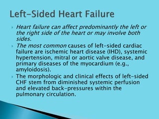  Heart failure can affect predominantly the left or
the right side of the heart or may involve both
sides.
 The most common causes of left-sided cardiac
failure are ischemic heart disease (IHD), systemic
hypertension, mitral or aortic valve disease, and
primary diseases of the myocardium (e.g.,
amyloidosis).
 The morphologic and clinical effects of left-sided
CHF stem from diminished systemic perfusion
and elevated back-pressures within the
pulmonary circulation.
 