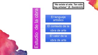 Estudio
de
la
obra
El lenguaje
artístico
El contexto de la
obra de arte
El valor de la
obra de arte
“No existe el arte. Tan sólo
hay artistas” (E. Gombrich)
 
