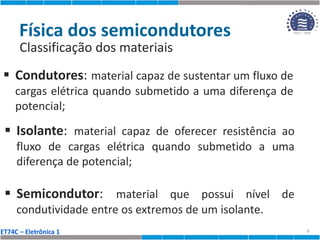 ET74C – Eletrônica 1
Física dos semicondutores
Classificação dos materiais
5
 Condutores: material capaz de sustentar um fluxo de
cargas elétrica quando submetido a uma diferença de
potencial;
 Isolante: material capaz de oferecer resistência ao
fluxo de cargas elétrica quando submetido a uma
diferença de potencial;
 Semicondutor: material que possui nível de
condutividade entre os extremos de um isolante.
 