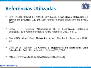 ET74C – Eletrônica 1
Referências Utilizadas
 BOYLESTAD, Robert L.; NASHELSKY, Louis. Dispositivos eletrônicos e
teoria de circuitos. 11. ed. São Paulo: Pearson education do Brasil,
2013.
 Pinto, L. F. Teixeira; Albuquerque R. O. Eletrônica: Eletrônica
analógica. São Paulo: Fundação Padre Anchieta, 2011, Vol. 2.
 MALVINO, Albert Paul. Eletrônica. 4. ed. São Paulo: Makron, c1997.
2v.
 Callister Jr., William D.; Ciência e Engenharia de Materiais: Uma
introdução. 5ed. Rio de Janeiro: Editora LTC, 2002.
 https://www.youtube.com/watch?v=JBtEckh3L9Q
52
 