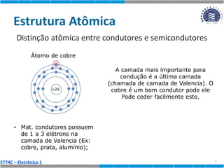 ET74C – Eletrônica 1
Estrutura Atômica
Distinção atômica entre condutores e semicondutores
7
+29
Átomo de cobre
• Mat. condutores possuem
de 1 a 3 elétrons na
camada de Valencia (Ex:
cobre, prata, alumínio);
A camada mais importante para
condução é a última camada
(chamada de camada de Valencia). O
cobre é um bom condutor pode ele
Pode ceder facilmente este.
 