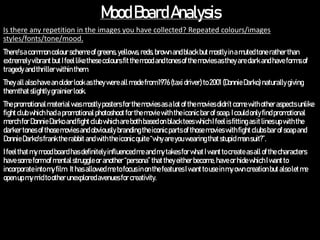 Mood BoardAnalysis
Is there any repetition in the images you have collected? Repeated colours/images
styles/fonts/tone/moo...