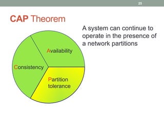 CAP Theorem
25
A system can continue to
operate in the presence of
a network partitions
Consistency
Partition
tolerance
Availability
 