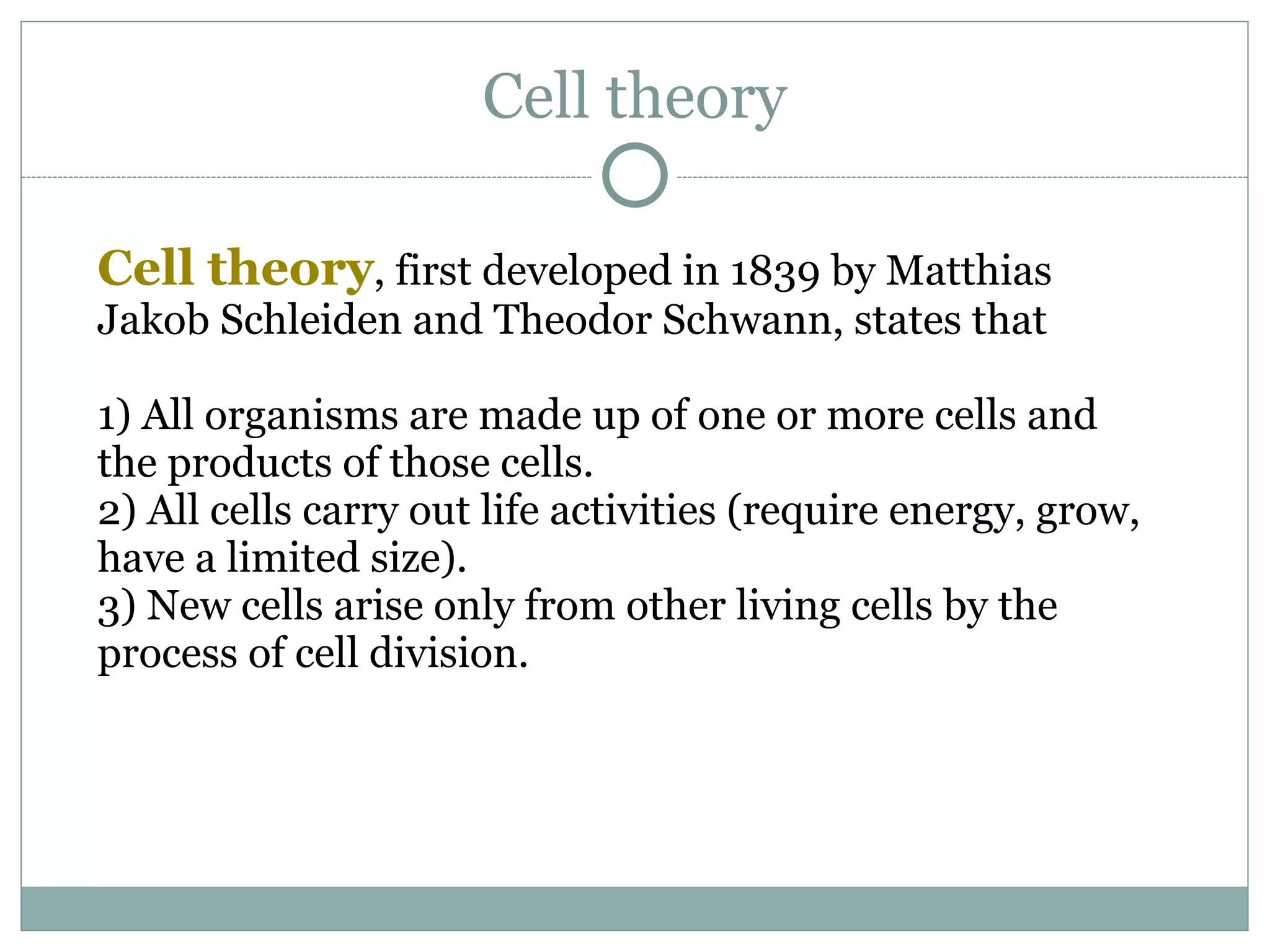 Cell theory
Cell theory, first developed in 1839 by Matthias
Jakob Schleiden and Theodor Schwann, states that
1) All organisms are made up of one or more cells and
the products of those cells.
2) All cells carry out life activities (require energy, grow,
have a limited size).
3) New cells arise only from other living cells by the
process of cell division.
 