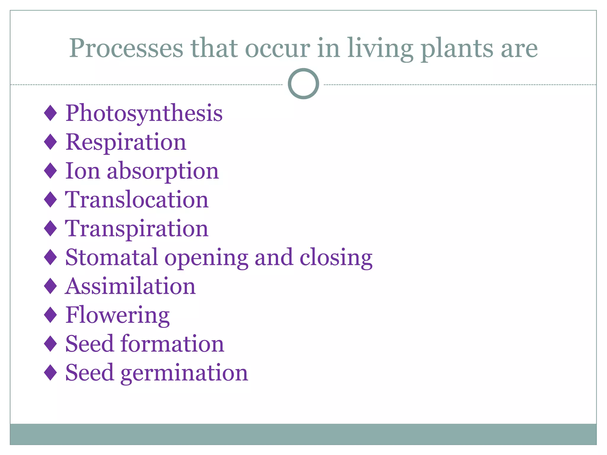 Processes that occur in living plants are
♦ Photosynthesis
♦ Respiration
♦ Ion absorption
♦ Translocation
♦ Transpiration
♦ Stomatal opening and closing
♦ Assimilation
♦ Flowering
♦ Seed formation
♦ Seed germination
 