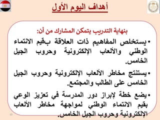‫األول‬ ‫اليوم‬ ‫أهداف‬
‫أن‬ ‫من‬ ‫المشارك‬ ‫يتمكن‬ ‫التدريب‬ ‫بنهاية‬
:
•
‫يستخلص‬
‫المفاهيم‬
‫ذات‬
‫العالقة‬
‫ب‬
‫قيم‬
‫االنت‬
‫ماء‬
‫الوطني‬
‫واأللعاب‬
‫اإللكترونية‬
‫وحروب‬
‫الجيل‬
‫الخامس‬
.
•
‫يستنتج‬
‫مخاطر‬
‫األلعاب‬
‫اإللكترونية‬
‫وحروب‬
‫الج‬
‫يل‬
‫الخامس‬
‫على‬
‫الطالب‬
‫والمجتمع‬
.
•
‫يضع‬
‫خطة‬
‫إلبراز‬
‫دور‬
‫المدرسة‬
‫في‬
‫تعزيز‬
‫الوعي‬
‫بقيم‬
‫االنتماء‬
‫الوطني‬
‫لمواجهة‬
‫مخاطر‬
‫األلعاب‬
‫اإللكترونية‬
‫وحروب‬
‫الجيل‬
‫الخامس‬
.
10 1
 